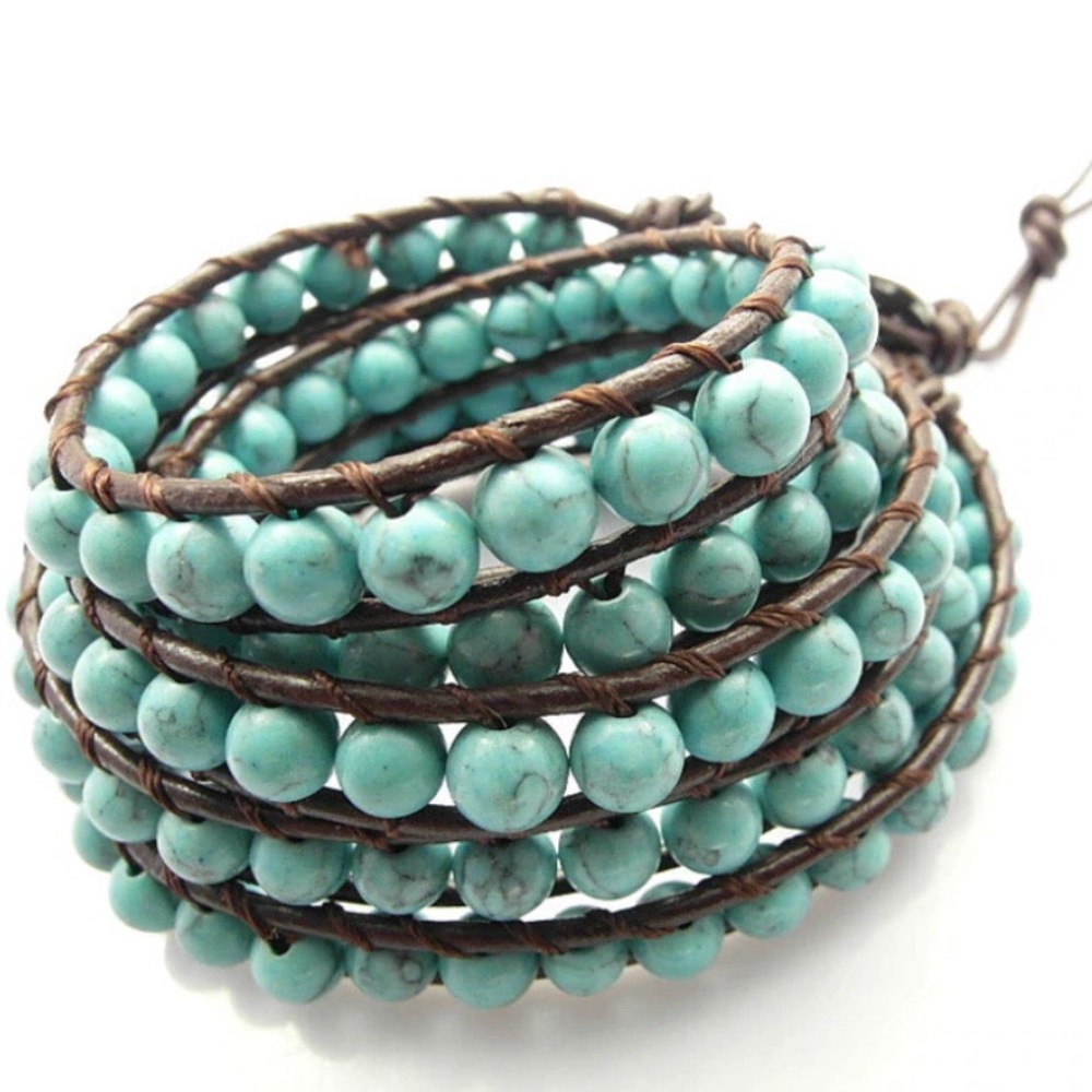 NEW! Blue Natural Stone Bead Wrap Leather Bracelet